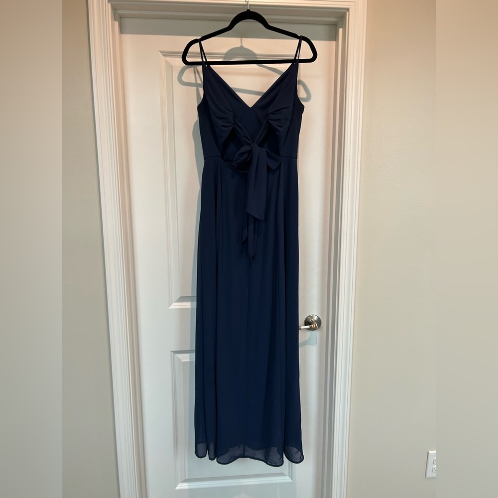 Navy V-Neck Spaghetti Strap Bridesmaid Dress - Picture 2 of 5